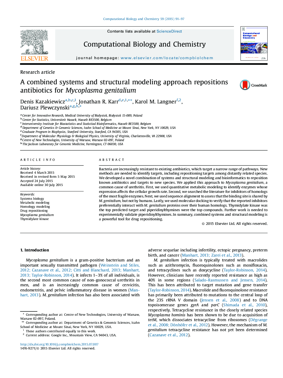 A combined systems and structural modeling approach repositions antibiotics for Mycoplasma genitalium