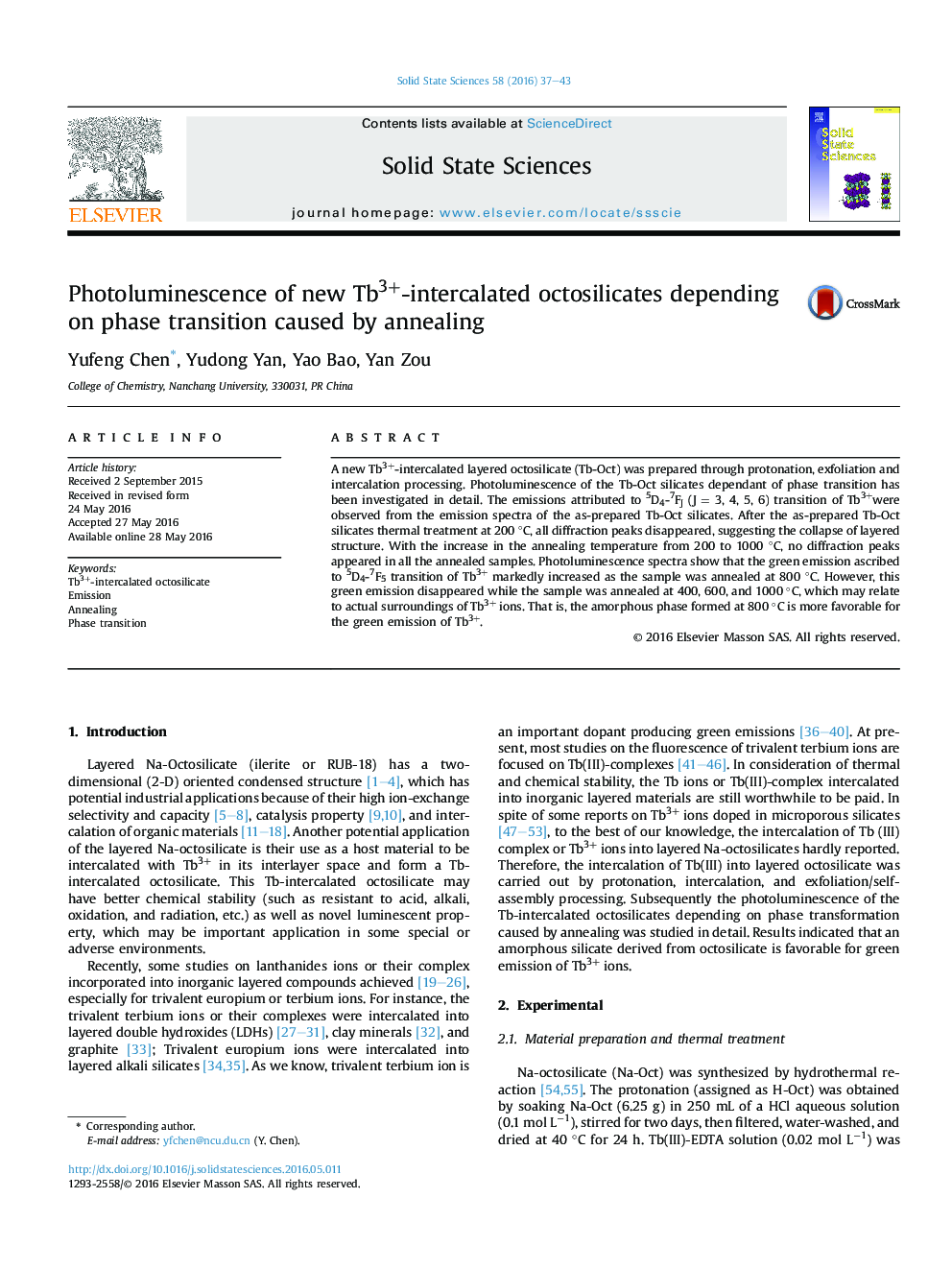 Photoluminescence of new Tb3+-intercalated octosilicates depending on phase transition caused by annealing