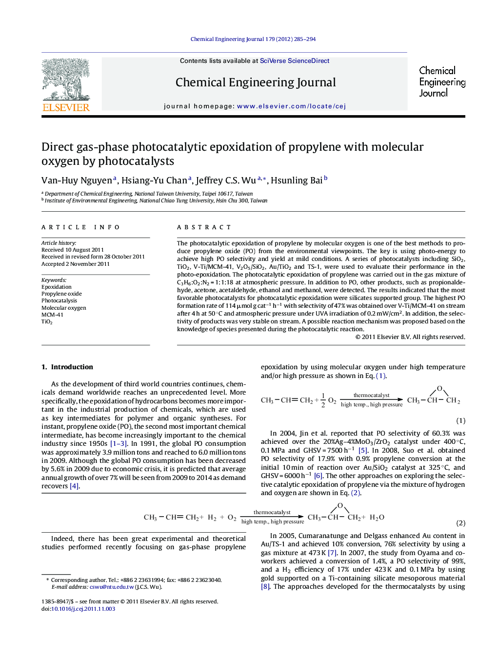Direct gas-phase photocatalytic epoxidation of propylene with molecular oxygen by photocatalysts