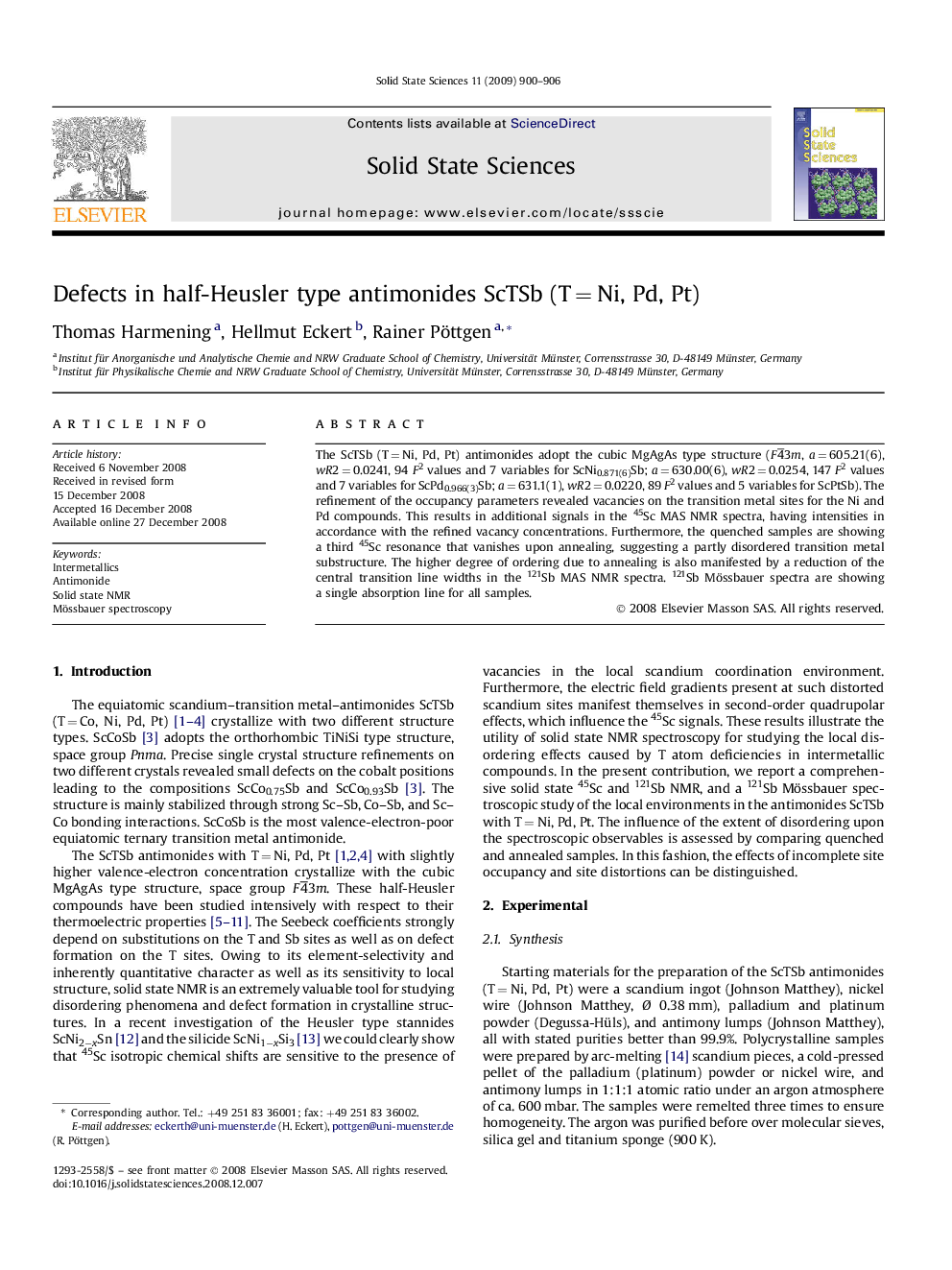 Defects in half-Heusler type antimonides ScTSb (T = Ni, Pd, Pt)