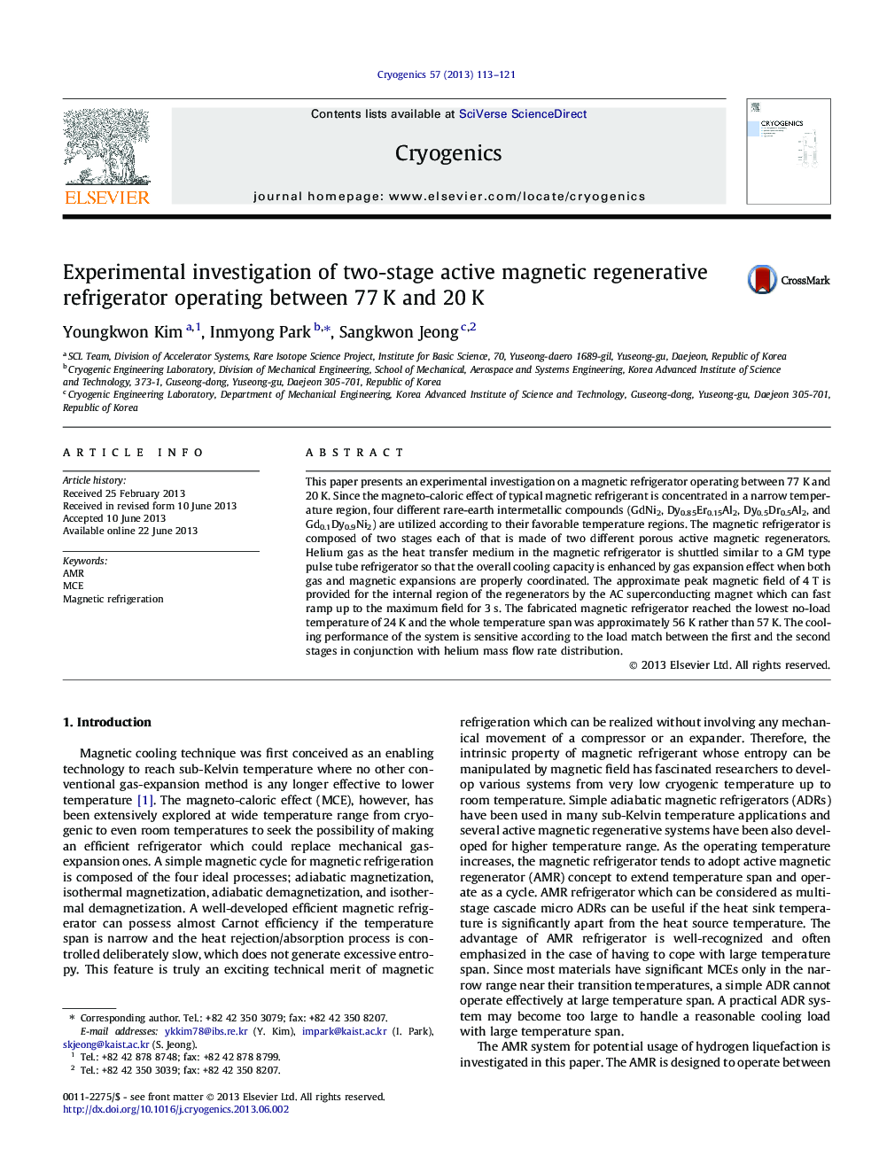 Experimental investigation of two-stage active magnetic regenerative refrigerator operating between 77 K and 20 K