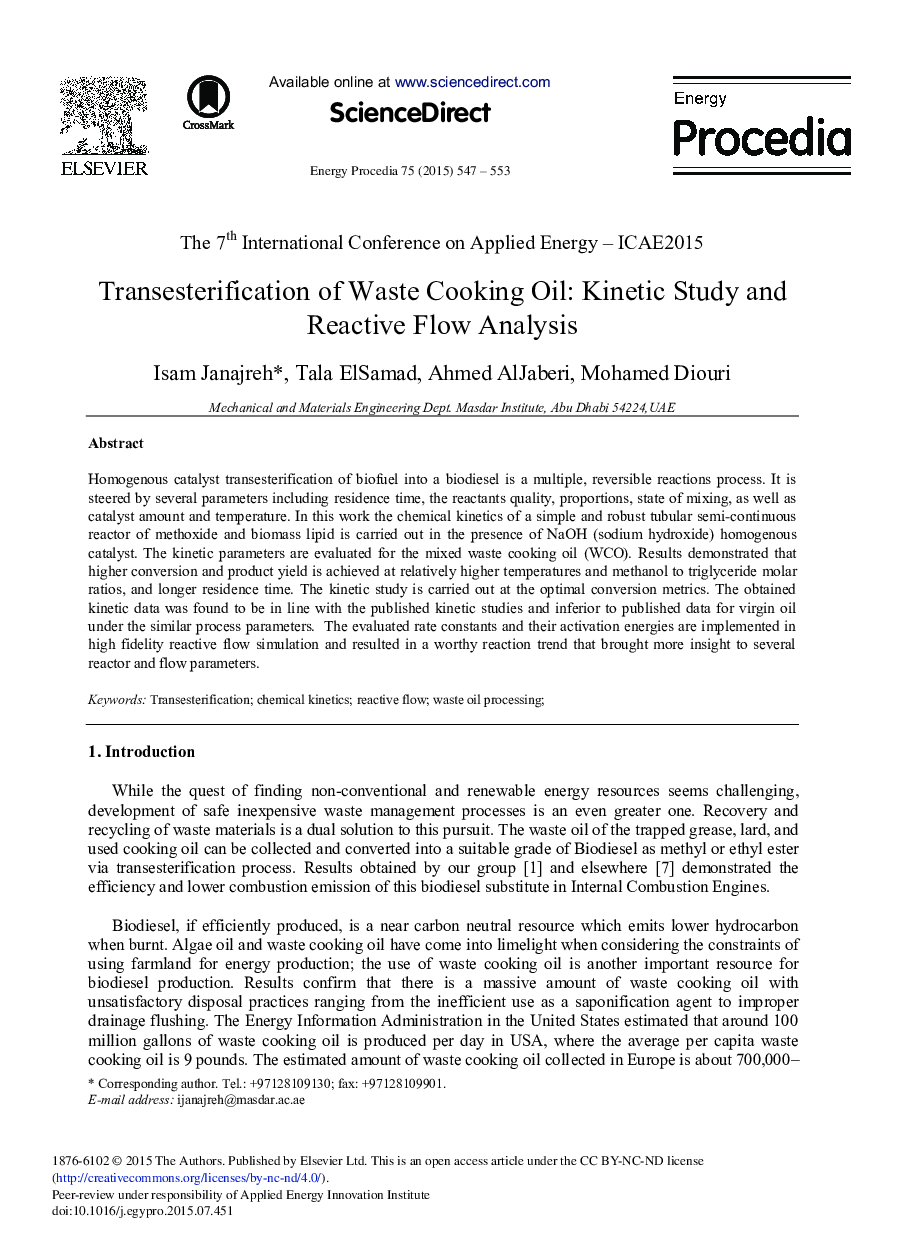 Transesterification of Waste Cooking Oil: Kinetic Study and Reactive Flow Analysis 