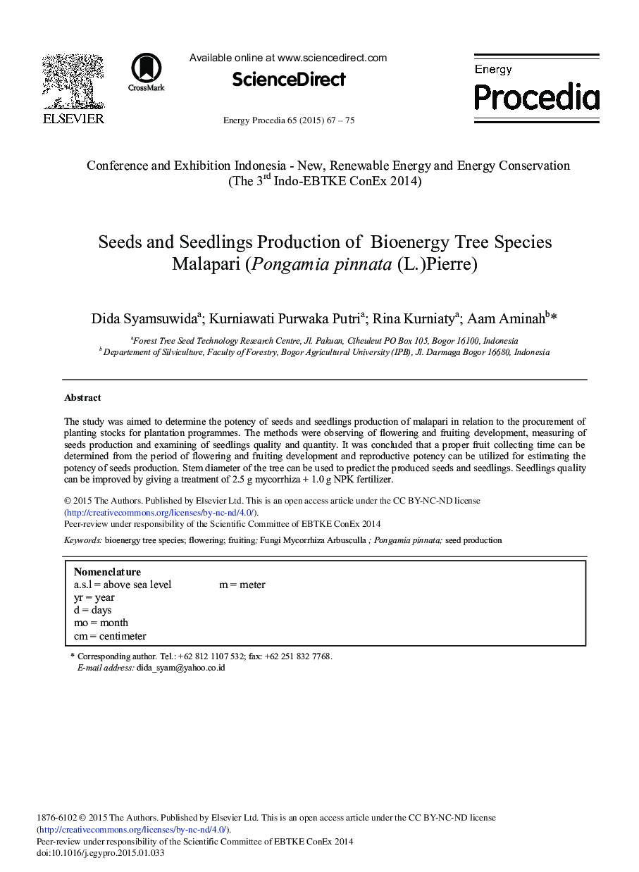 Seeds and Seedlings Production of Bioenergy Tree Species Malapari (Pongamia pinnata (L.)Pierre) 