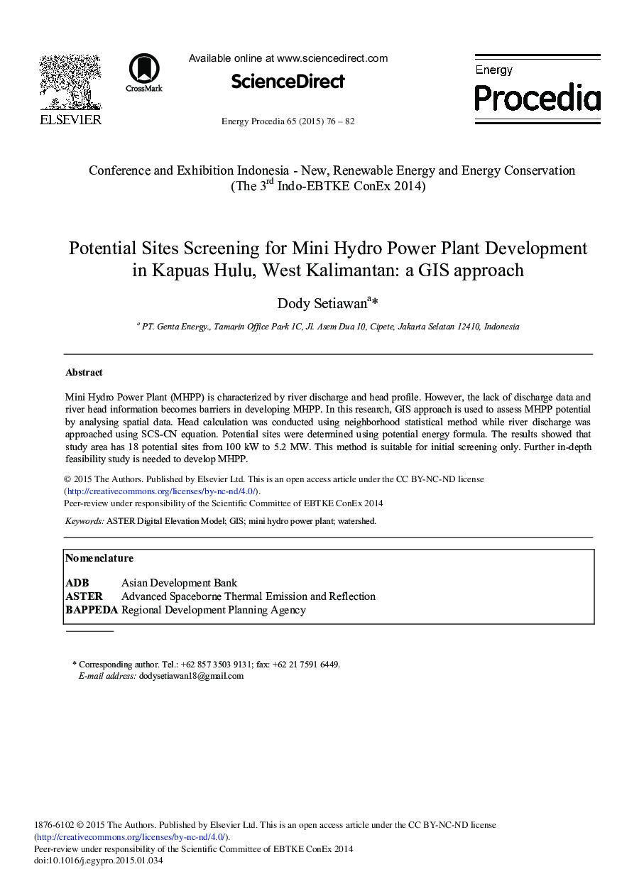 Potential Sites Screening for Mini Hydro Power Plant Development in Kapuas Hulu, West Kalimantan: A GIS Approach 