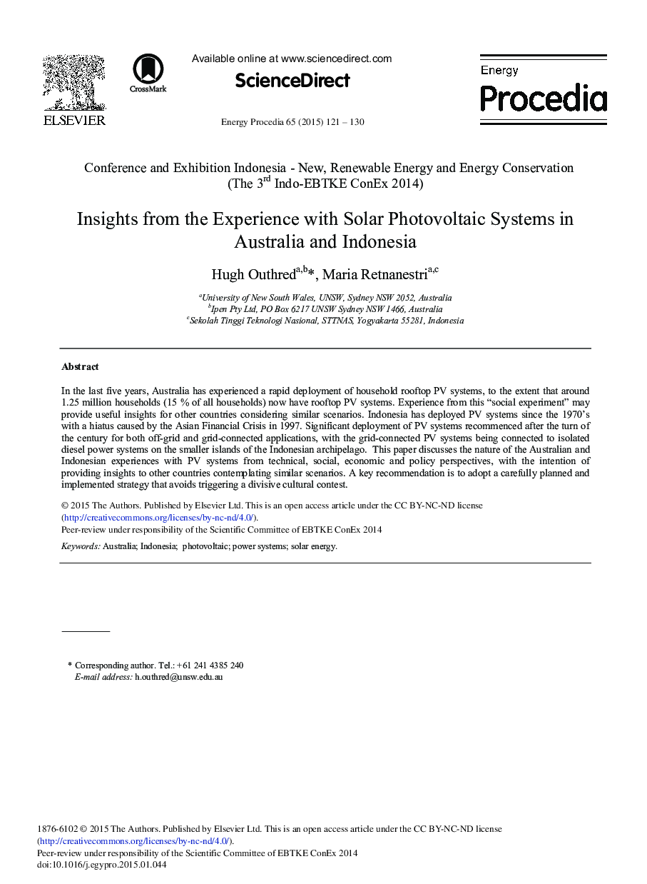 بینش از تجربه در سیستم های خورشیدی فتوولتائیک در استرالیا و اندونزی ؟؟ 