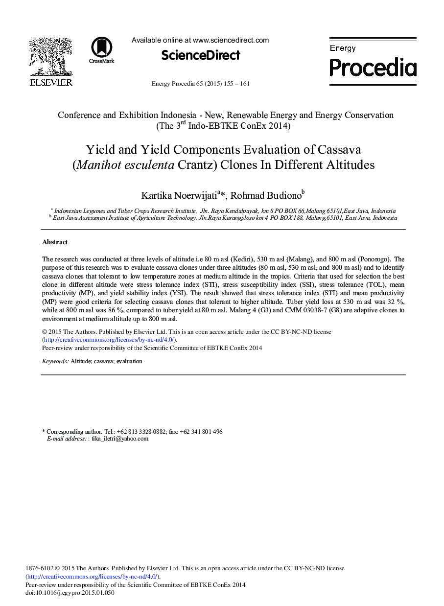 Yield and Yield Components Evaluation of Cassava (Manihot esculenta Crantz) Clones in Different Altitudes 