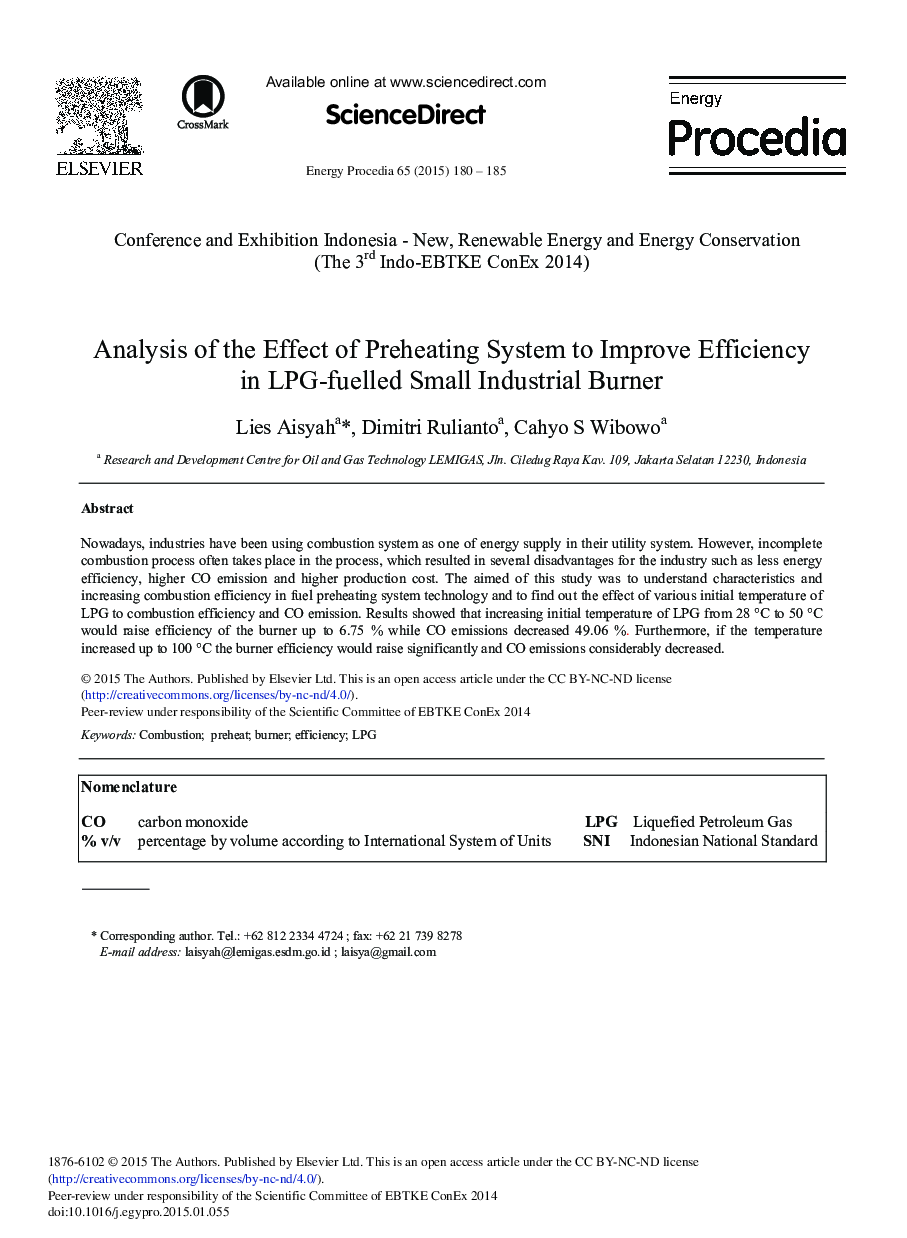 Analysis of the Effect of Preheating System to Improve Efficiency in LPG-fuelled Small Industrial Burner 