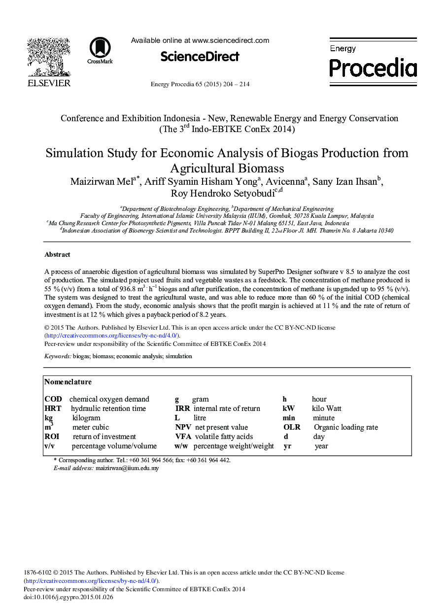 Simulation Study for Economic Analysis of Biogas Production from Agricultural Biomass 