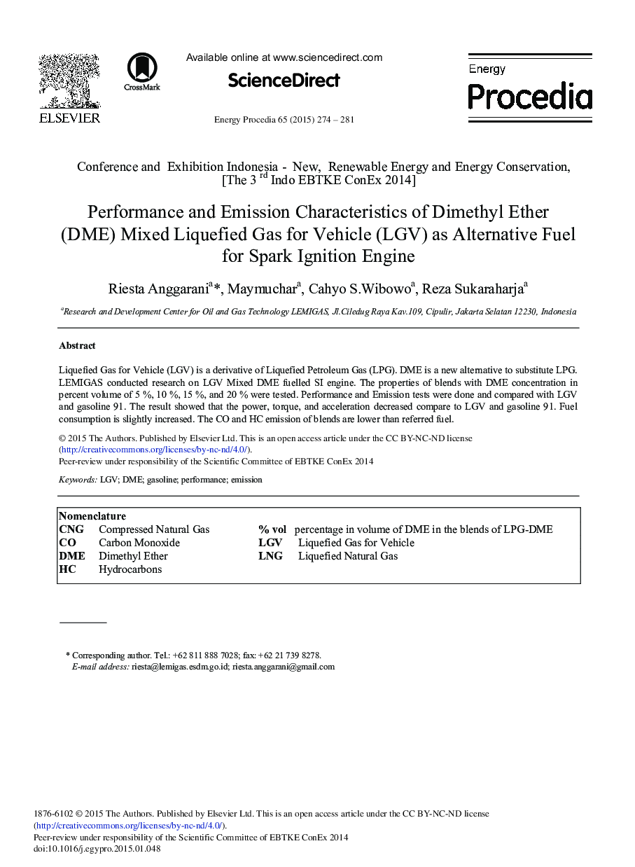 Performance and Emission Characteristics of Dimethyl Ether (DME) Mixed Liquefied Gas for Vehicle (LGV) as Alternative Fuel for Spark Ignition Engine 