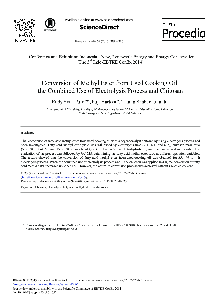 Conversion of Methyl Ester from Used Cooking Oil: The Combined Use of Electrolysis Process and Chitosan 