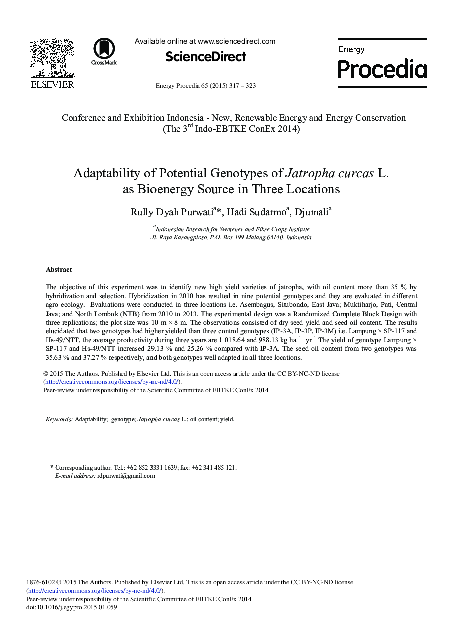 Adaptability of Potential Genotypes of Jatropha Curcas L. as Bioenergy Source in Three Locations 
