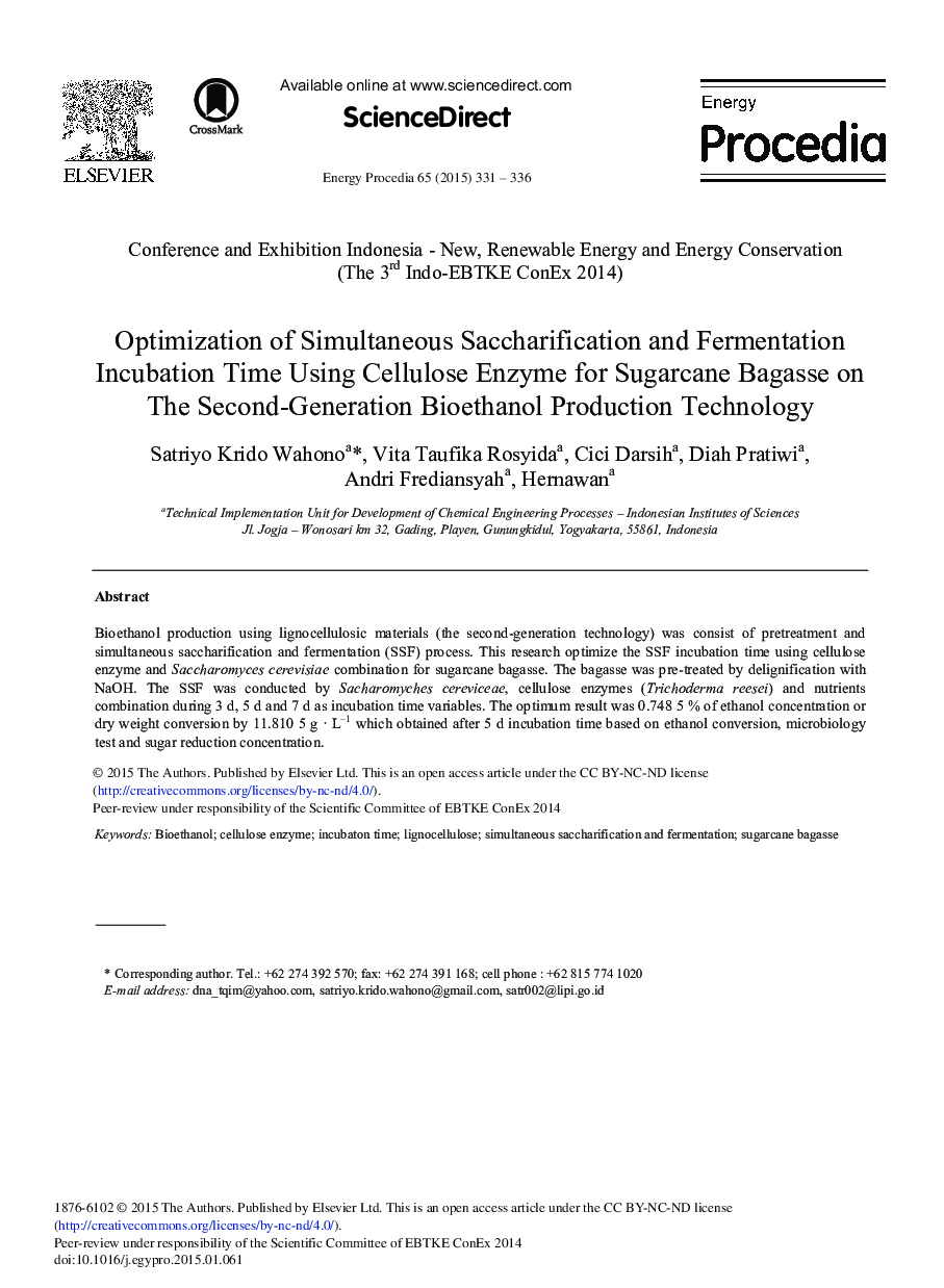 Optimization of Simultaneous Saccharification and Fermentation Incubation Time Using Cellulose Enzyme for Sugarcane Bagasse on the Second-generation Bioethanol Production Technology 