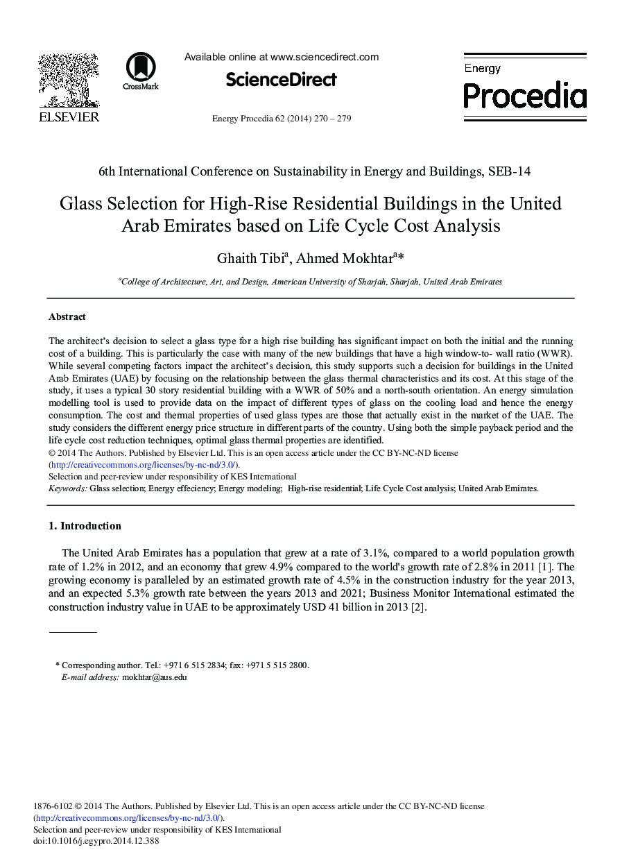 Glass Selection for High-rise Residential Buildings in the United Arab Emirates Based on Life Cycle Cost Analysis 