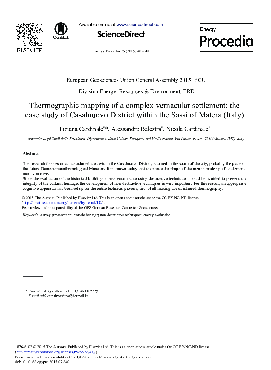 Thermographic Mapping of a Complex Vernacular Settlement: The Case Study of Casalnuovo District within the Sassi of Matera (Italy) 