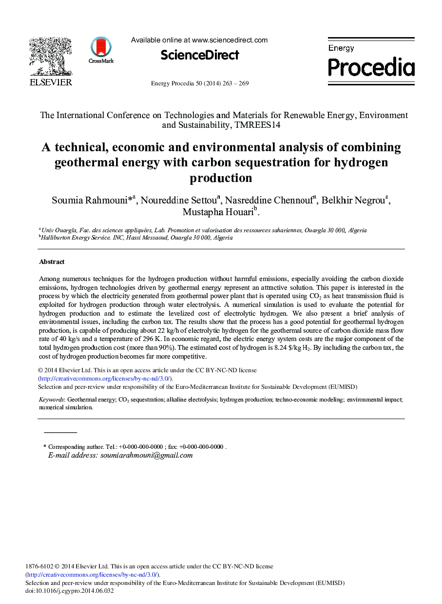 یک تجزیه و تحلیل فنی، اقتصادی و محیطی برای ترکیب انرژی های ژئوترمال با جداسازی کربن برای تولید هیدروژن 