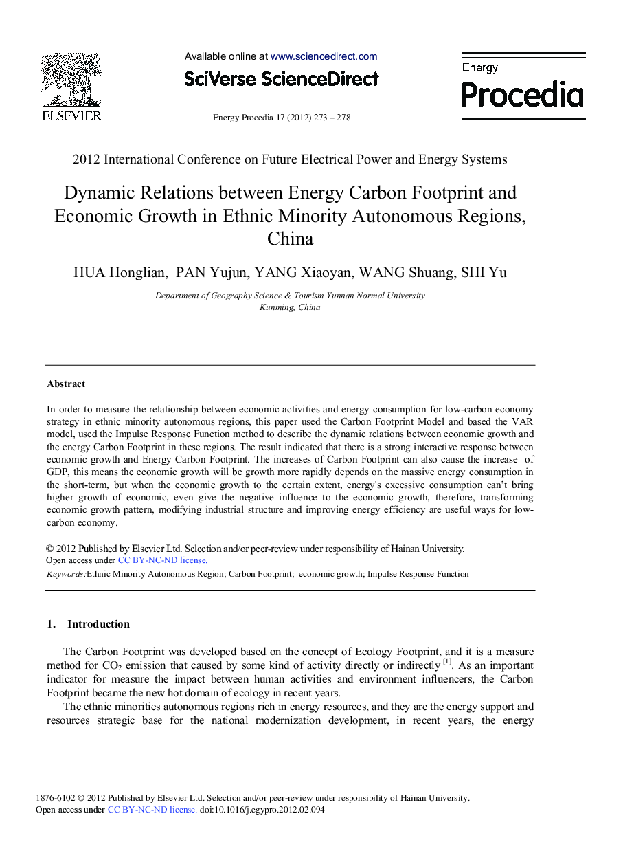 Dynamic Relations between Energy Carbon Footprint and Economic Growth in Ethnic Minority Autonomous Regions, China