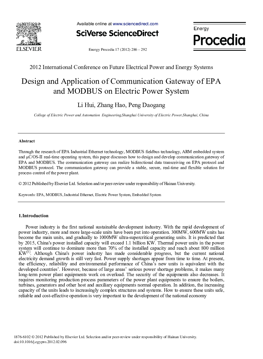 Design and Application of Communication Gateway of EPA and MODBUS on Electric Power System