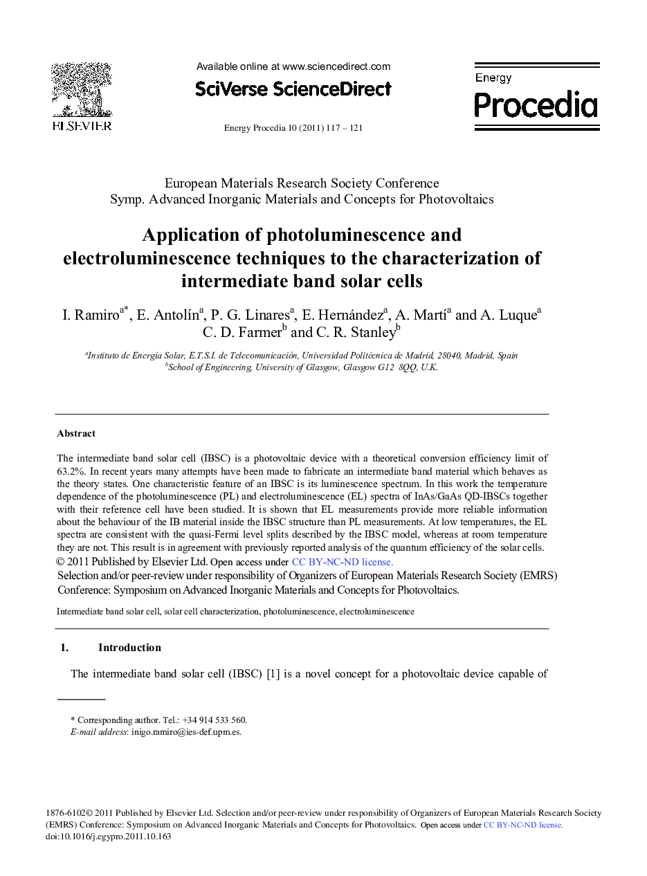 Application of photoluminescence and electroluminescence techniques to the characterization of intermediate band solar cells