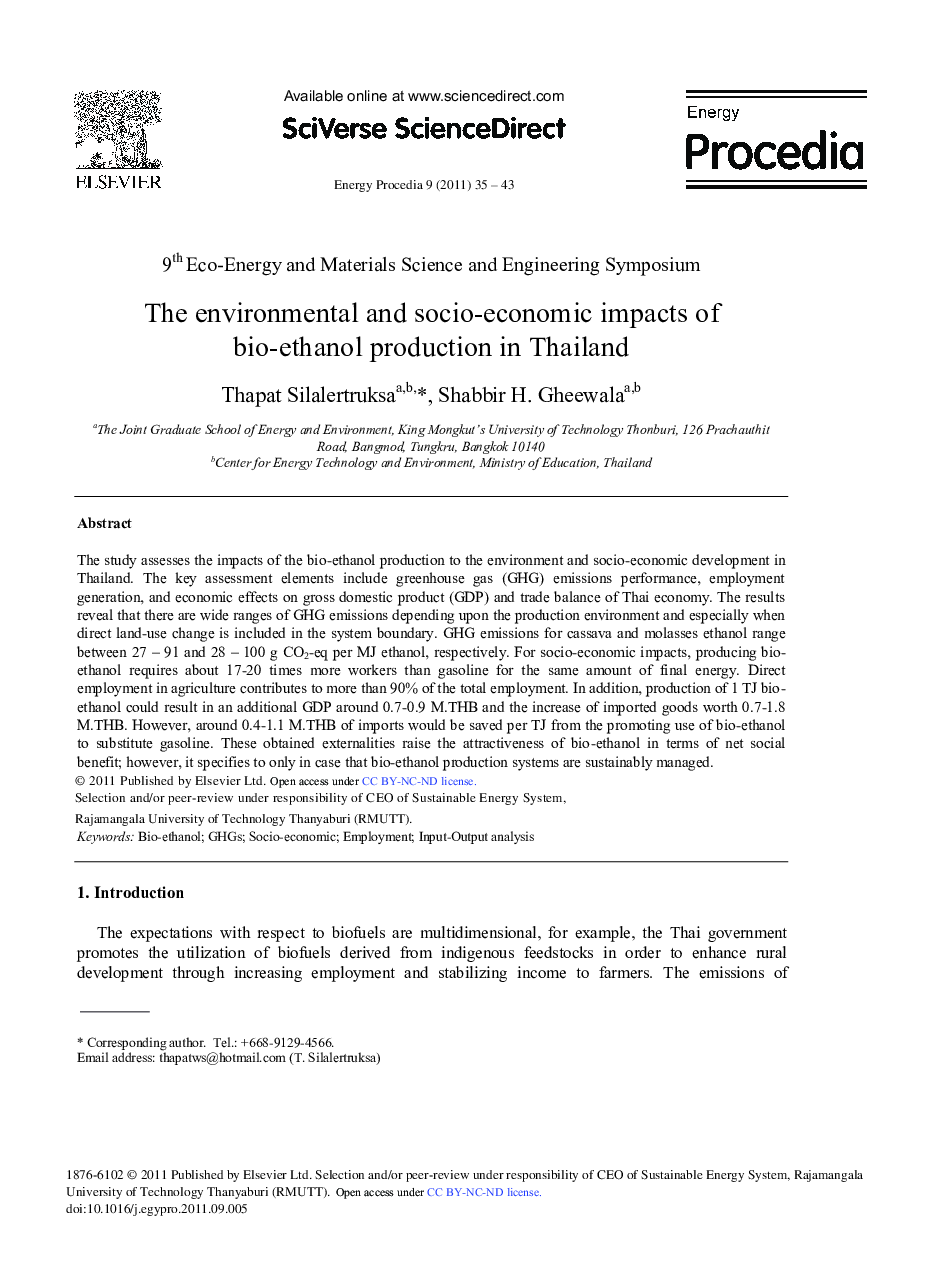The environmental and socio-economic impacts of bio-ethanol production in Thailand