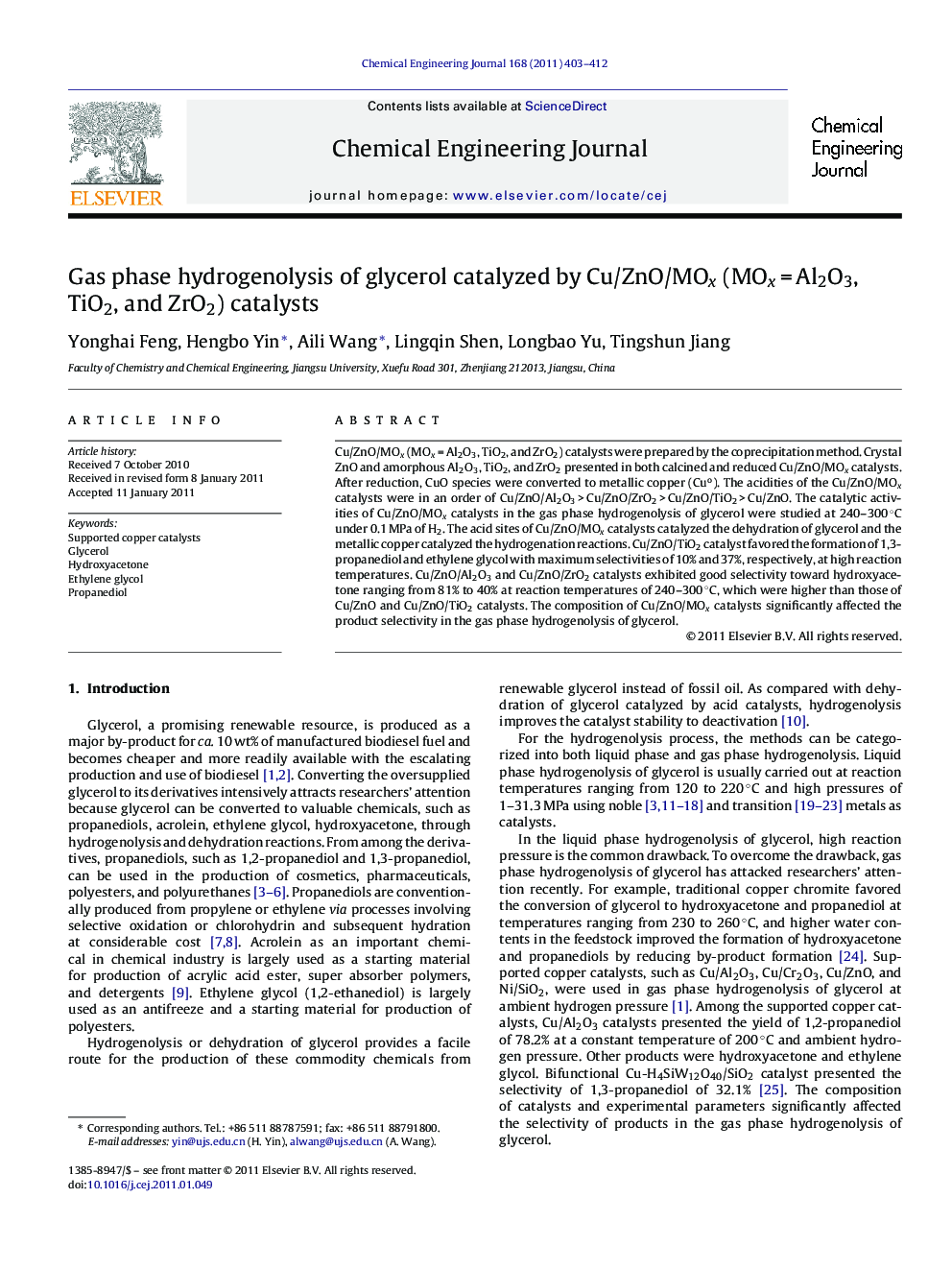 Gas phase hydrogenolysis of glycerol catalyzed by Cu/ZnO/MOx (MOx = Al2O3, TiO2, and ZrO2) catalysts