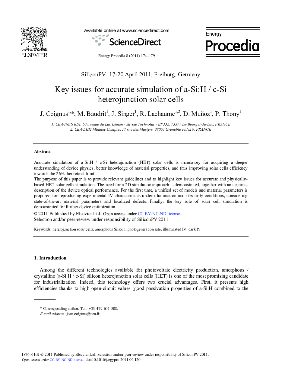 Key issues for accurate simulation of a-Si:H / c-Si heterojunction solar cells