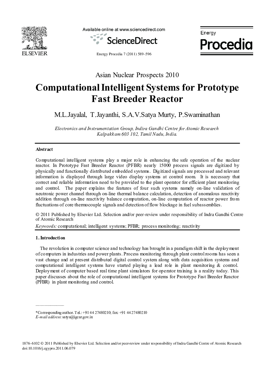 Computational Intelligent Systems for Prototype Fast Breeder Reactor