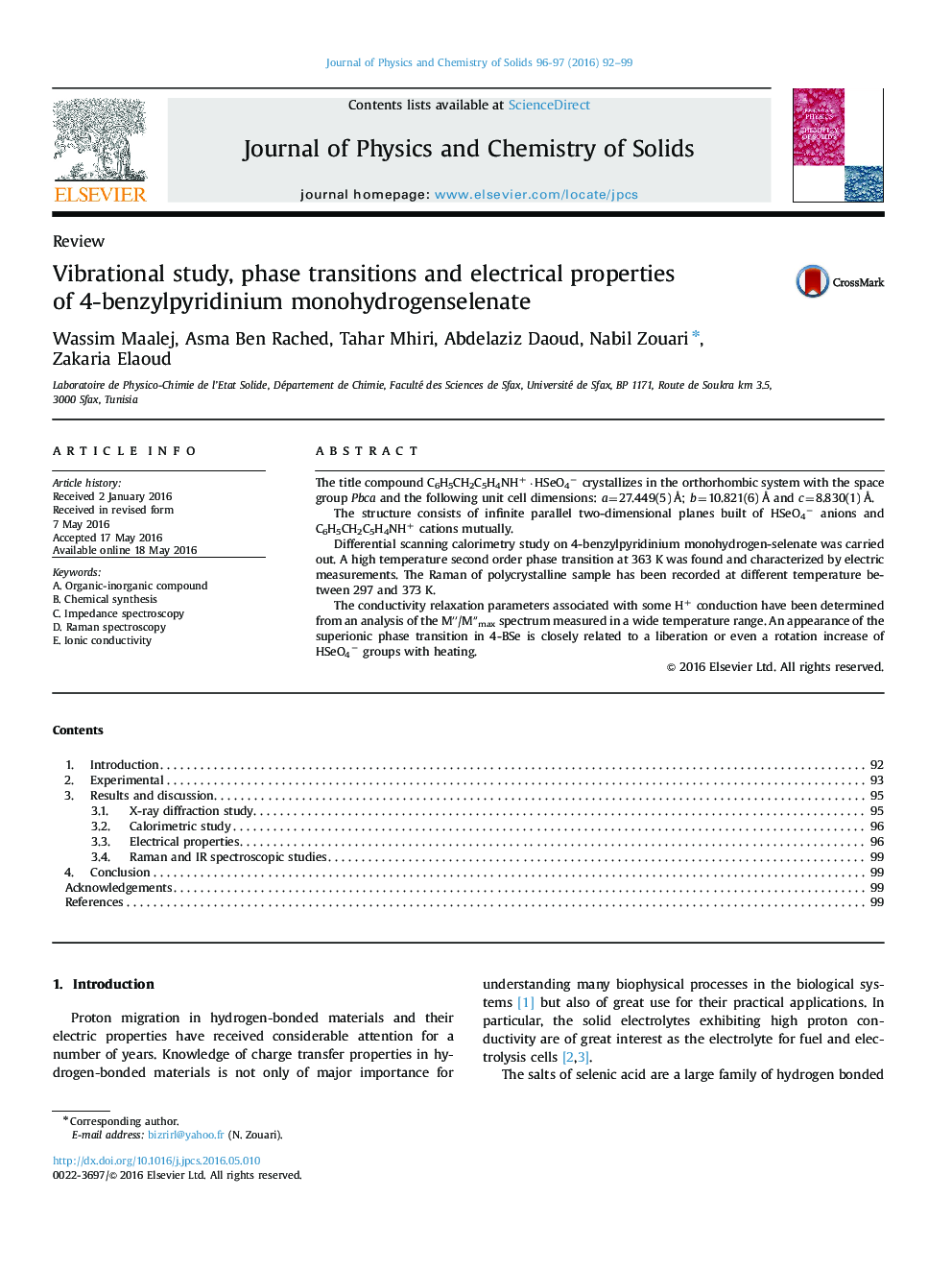 مطالعه ارتعاشی، انتقال فاز و خواص الکتریکی 4-بنزیل پیریدیوم مونوهیدروژنزلنات 