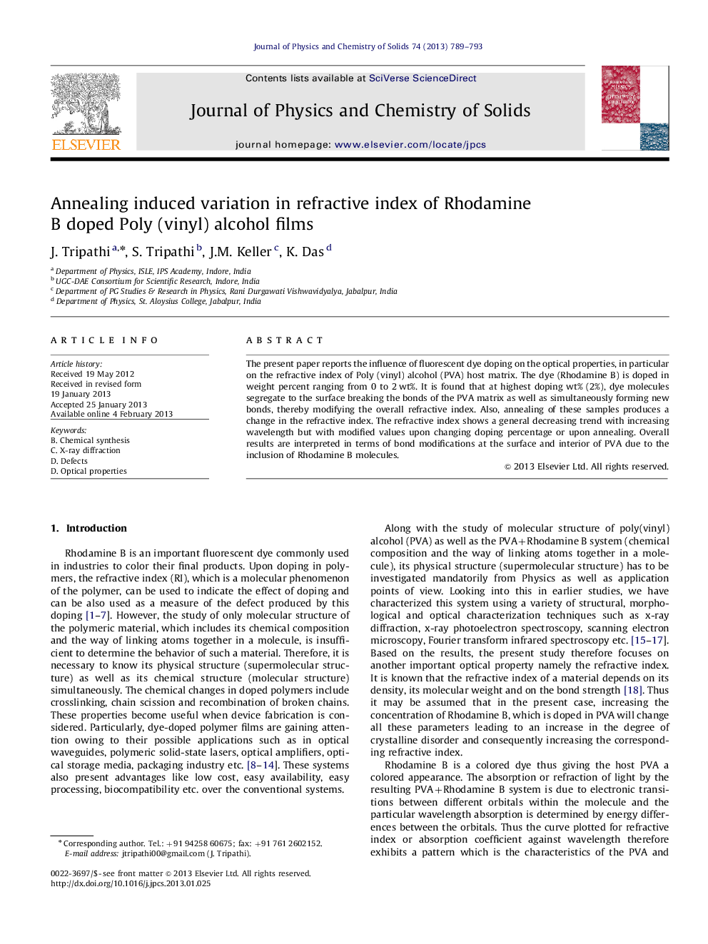 Annealing induced variation in refractive index of Rhodamine B doped Poly (vinyl) alcohol films