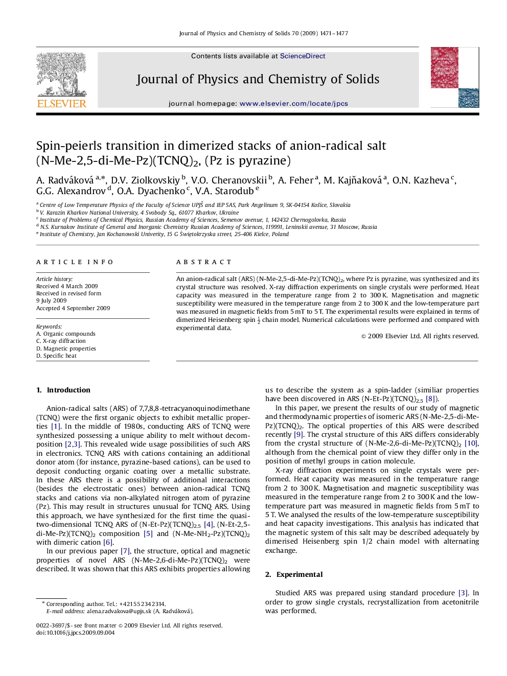 Spin-peierls transition in dimerized stacks of anion-radical salt (N-Me-2,5-di-Me-Pz)(TCNQ)2, (Pz is pyrazine)