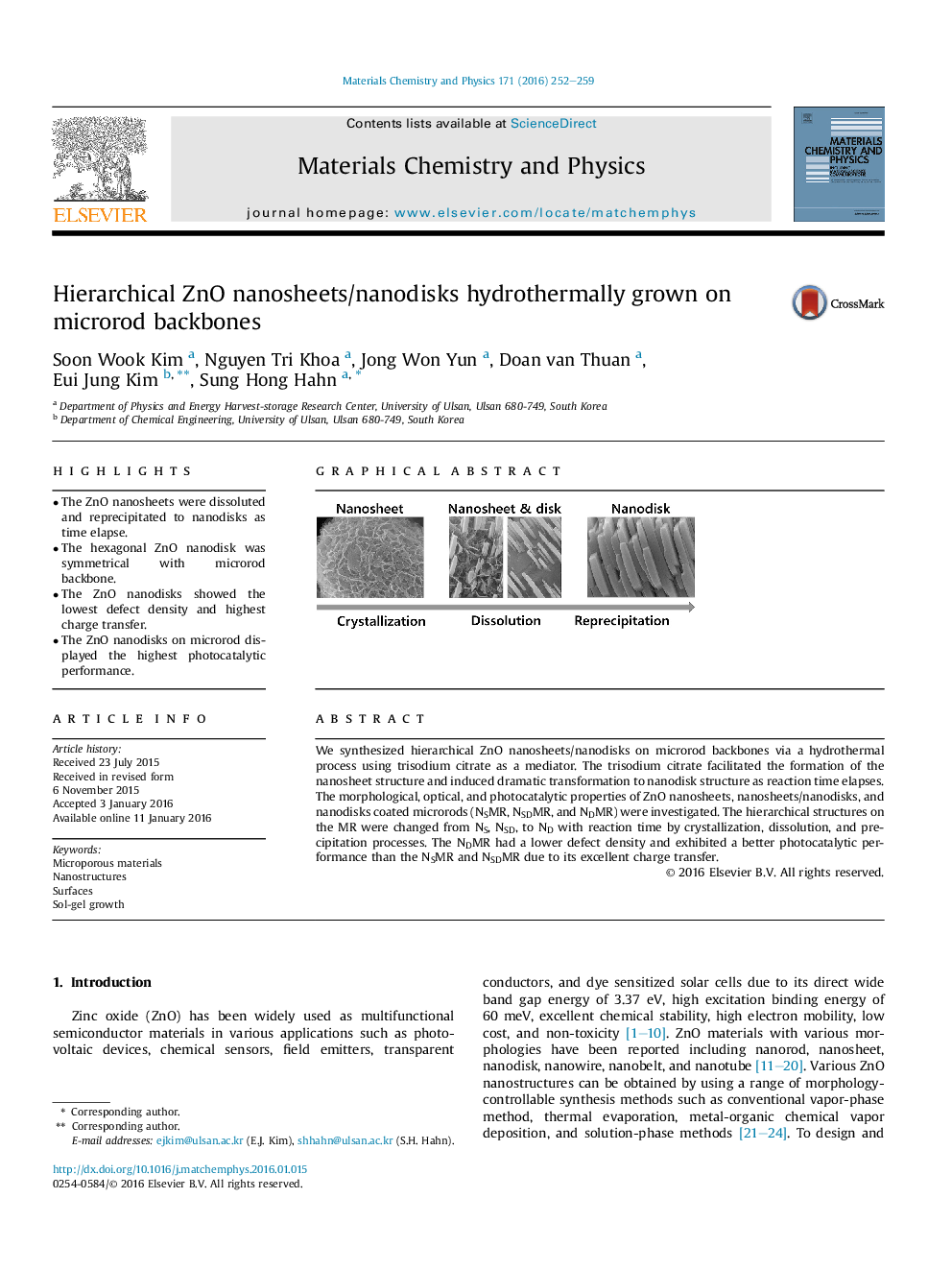 Hierarchical ZnO nanosheets/nanodisks hydrothermally grown on microrod backbones