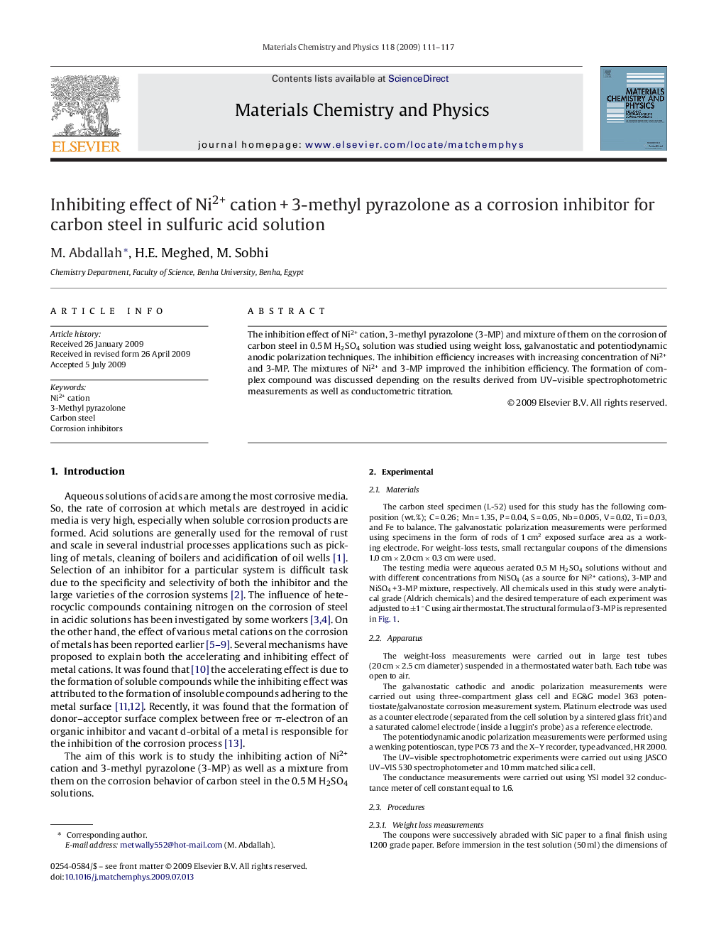 Inhibiting effect of Ni2+ cation + 3-methyl pyrazolone as a corrosion inhibitor for carbon steel in sulfuric acid solution