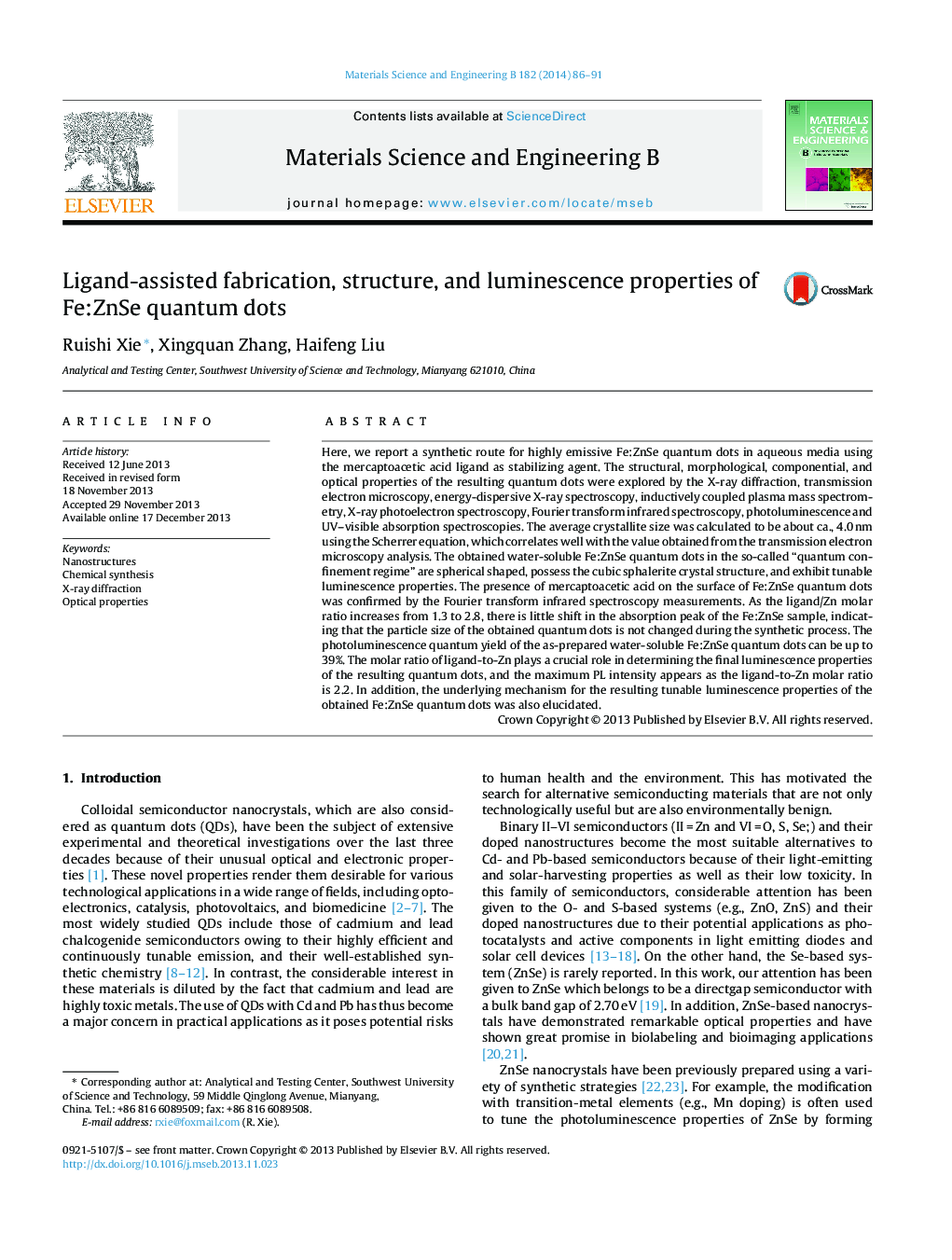 Ligand-assisted fabrication, structure, and luminescence properties of Fe:ZnSe quantum dots