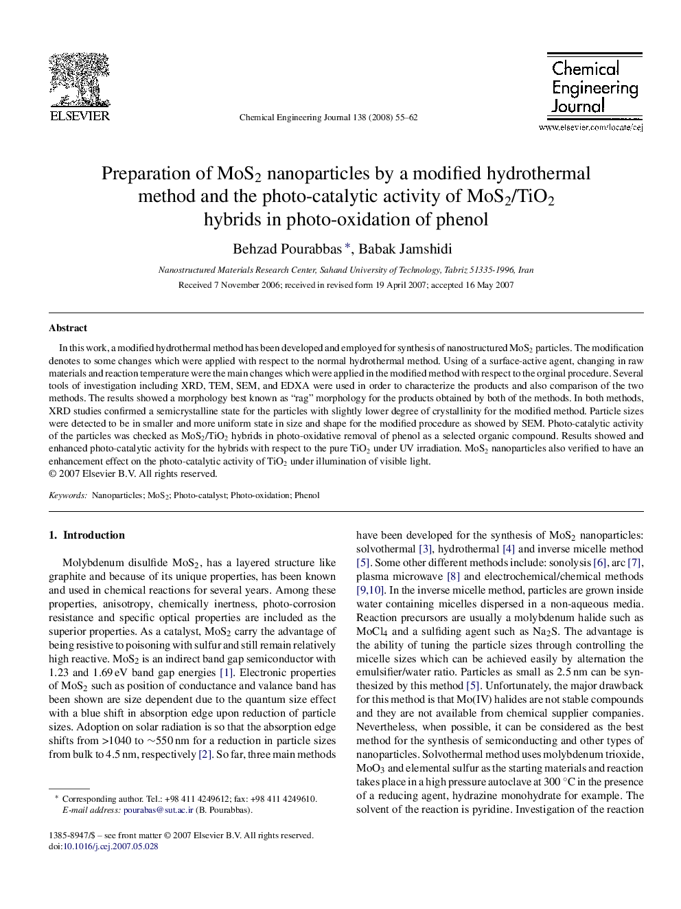 Preparation of MoS2 nanoparticles by a modified hydrothermal method and the photo-catalytic activity of MoS2/TiO2 hybrids in photo-oxidation of phenol