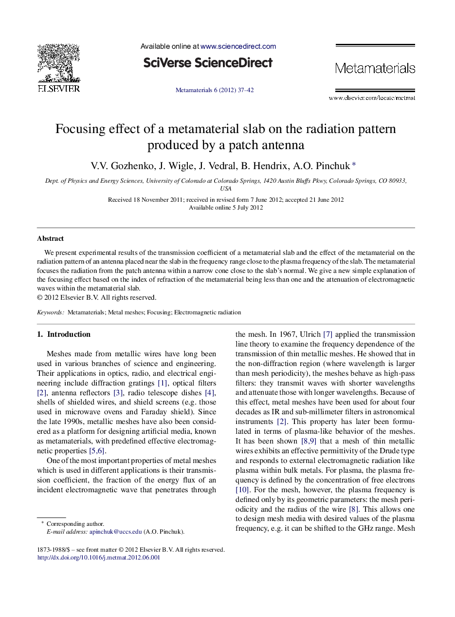 Focusing effect of a metamaterial slab on the radiation pattern produced by a patch antenna