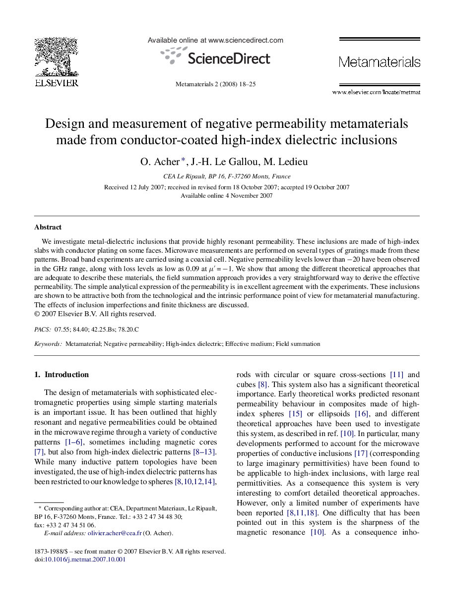 Design and measurement of negative permeability metamaterials made from conductor-coated high-index dielectric inclusions