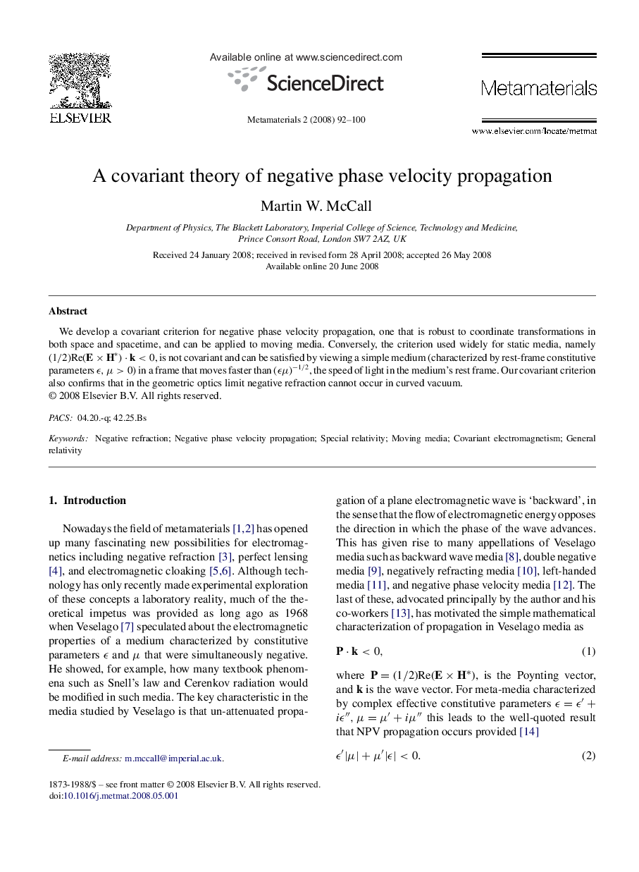 A covariant theory of negative phase velocity propagation