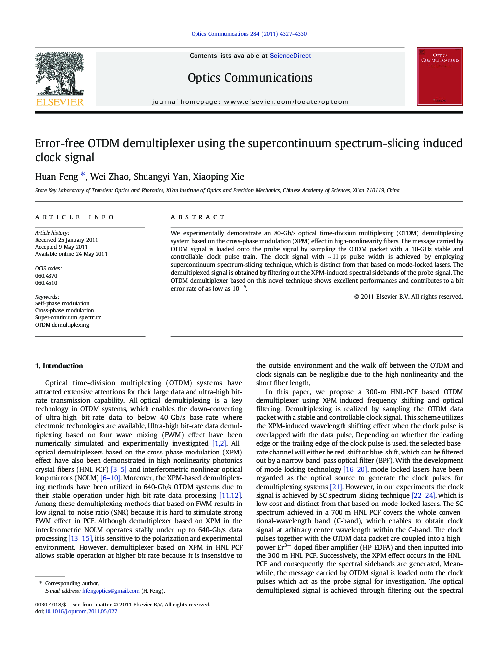 Error-free OTDM demultiplexer using the supercontinuum spectrum-slicing induced clock signal