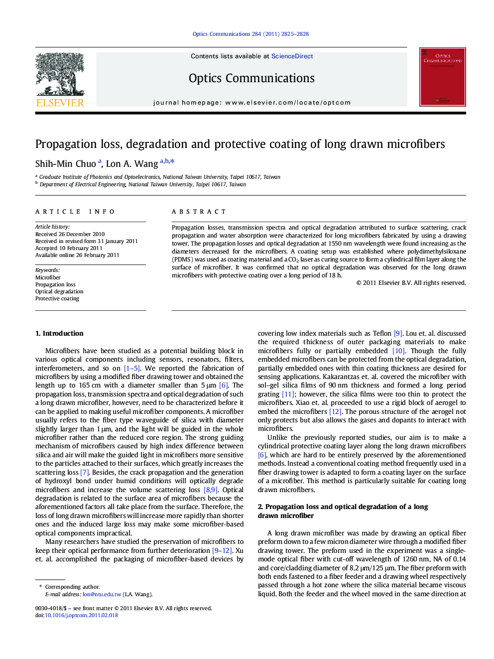 Propagation loss, degradation and protective coating of long drawn microfibers