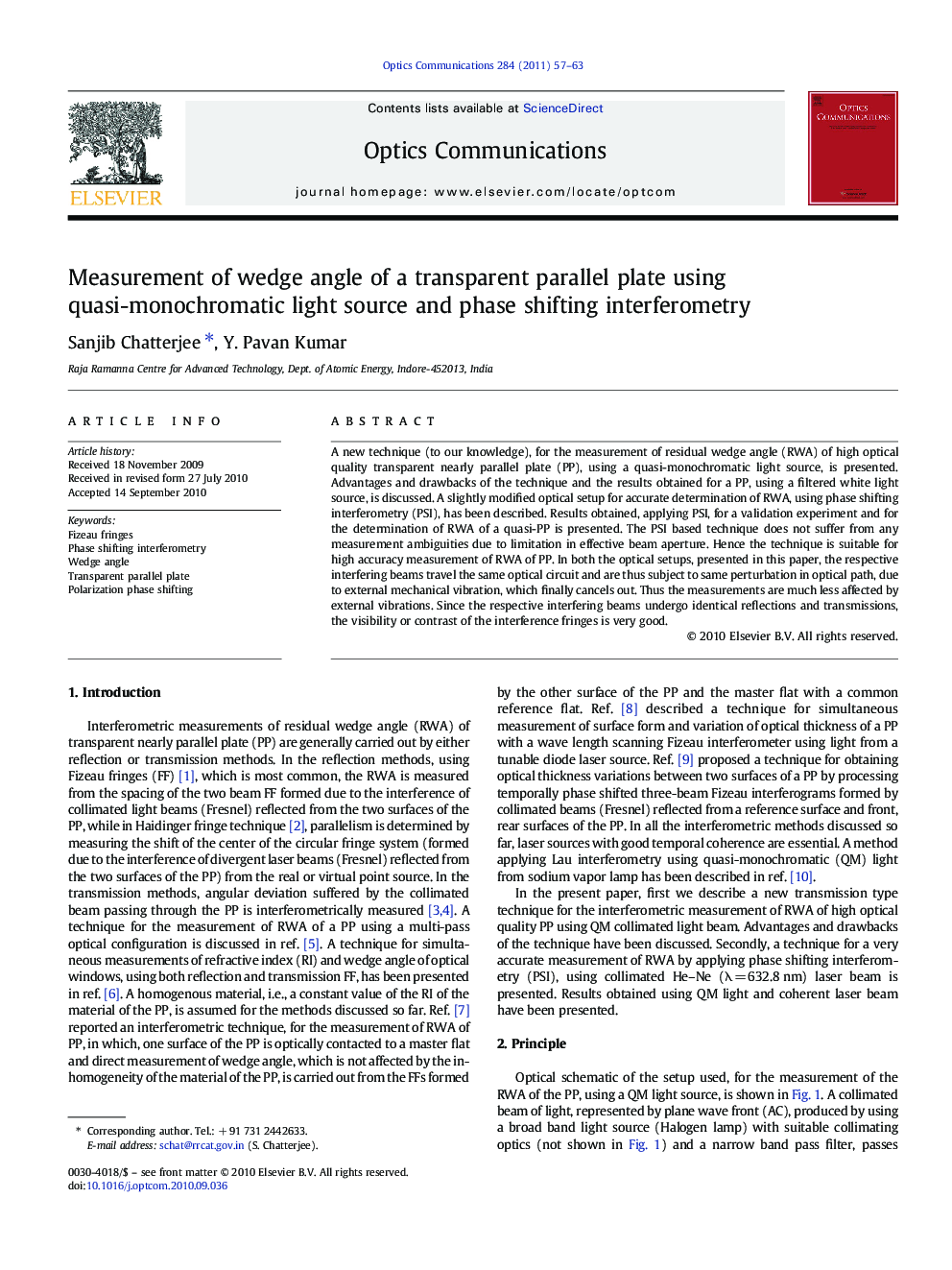 Measurement of wedge angle of a transparent parallel plate using quasi-monochromatic light source and phase shifting interferometry