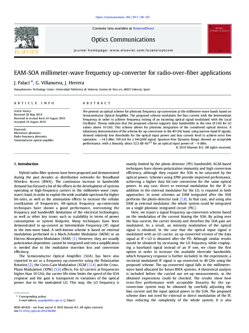 EAM-SOA millimeter-wave frequency up-converter for radio-over-fiber applications