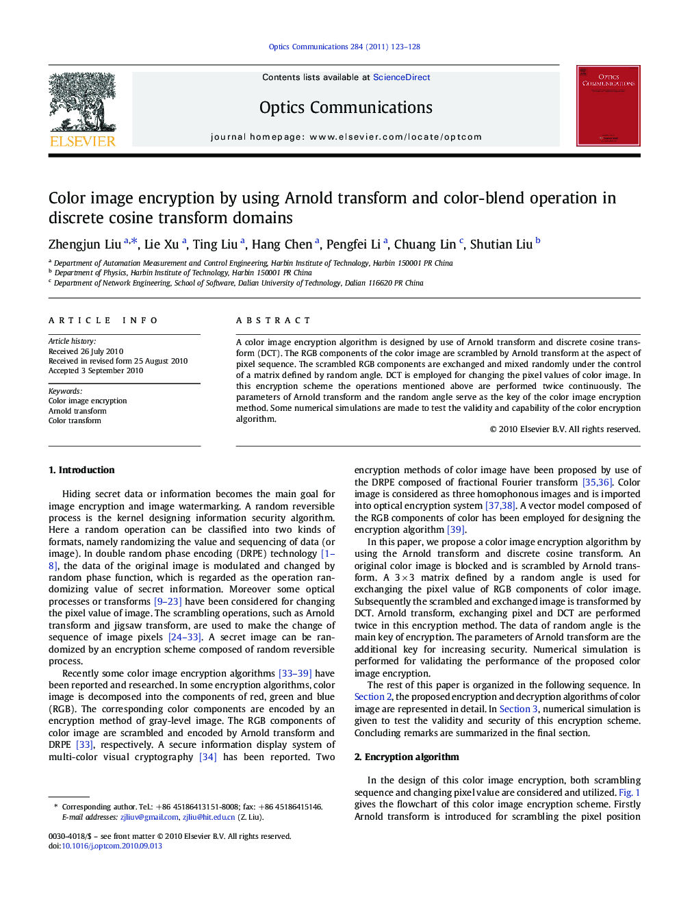 Color image encryption by using Arnold transform and color-blend operation in discrete cosine transform domains