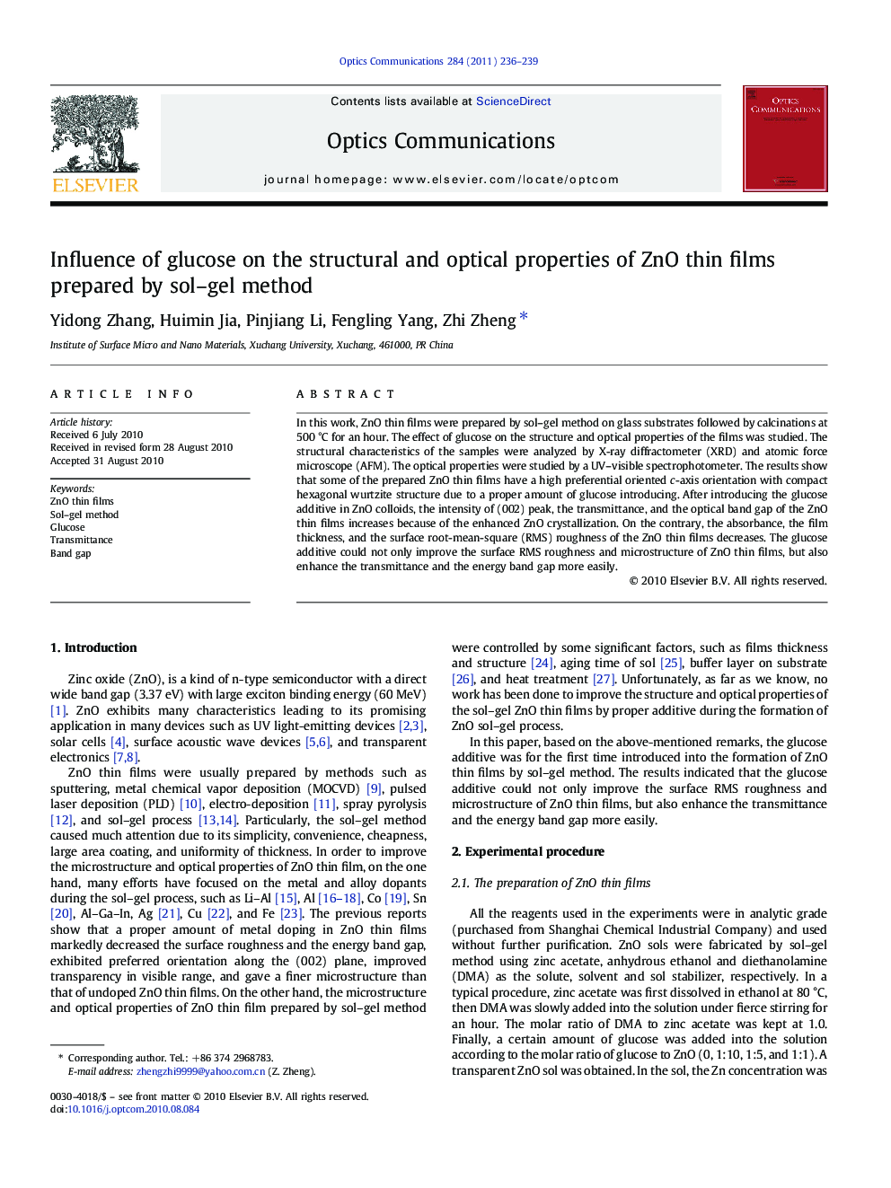 Influence of glucose on the structural and optical properties of ZnO thin films prepared by sol–gel method