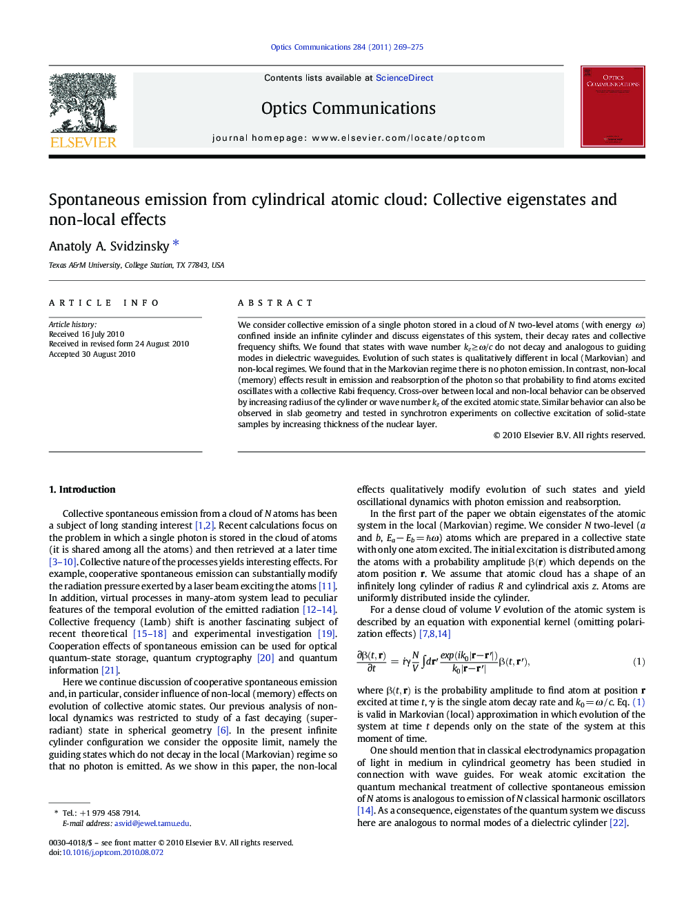 Spontaneous emission from cylindrical atomic cloud: Collective eigenstates and non-local effects