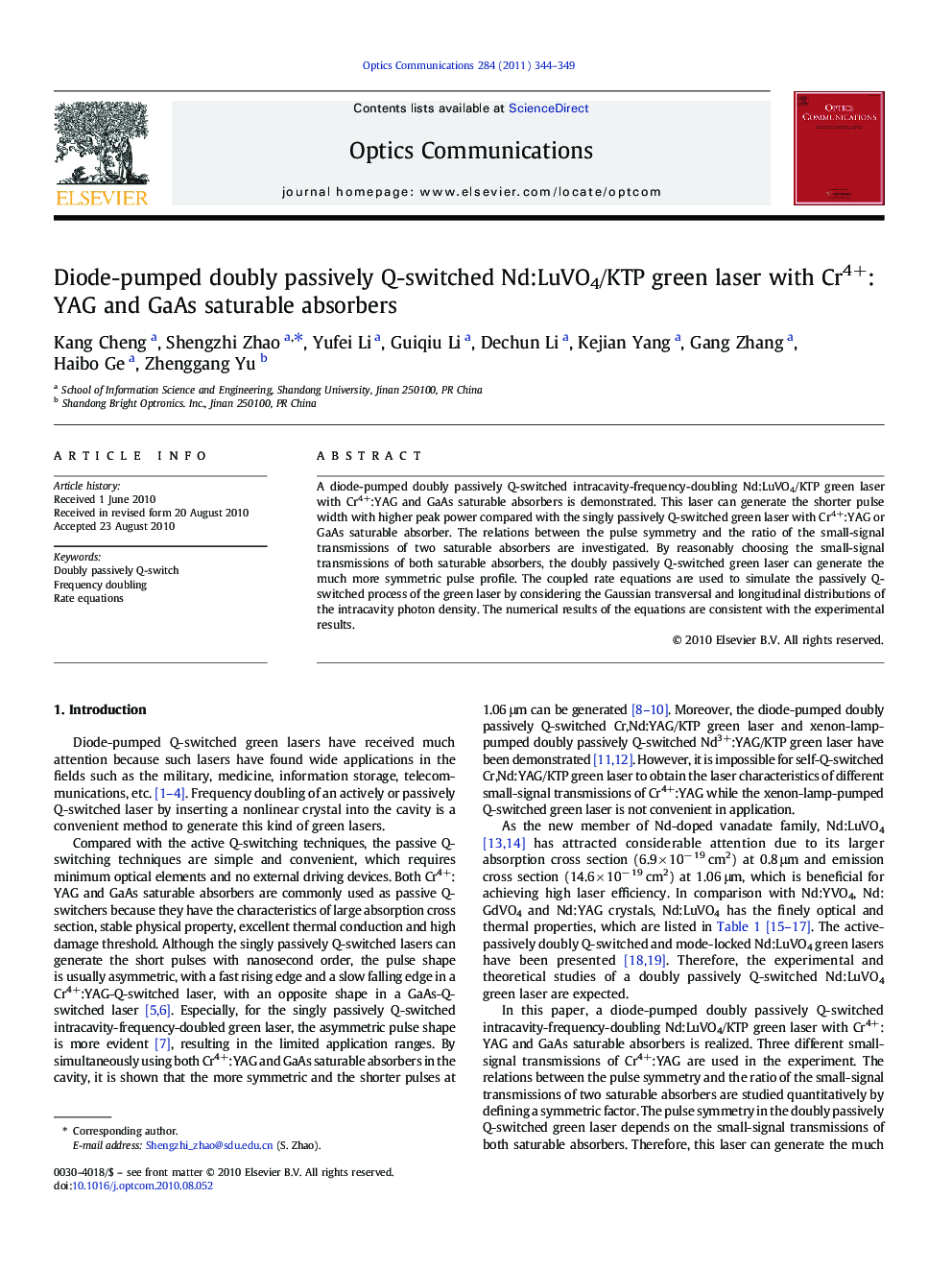 Diode-pumped doubly passively Q-switched Nd:LuVO4/KTP green laser with Cr4+:YAG and GaAs saturable absorbers