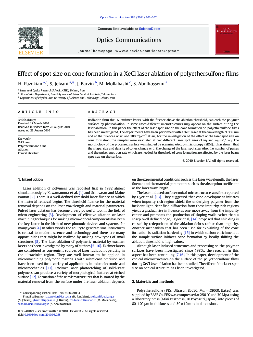 Effect of spot size on cone formation in a XeCl laser ablation of polyethersulfone films