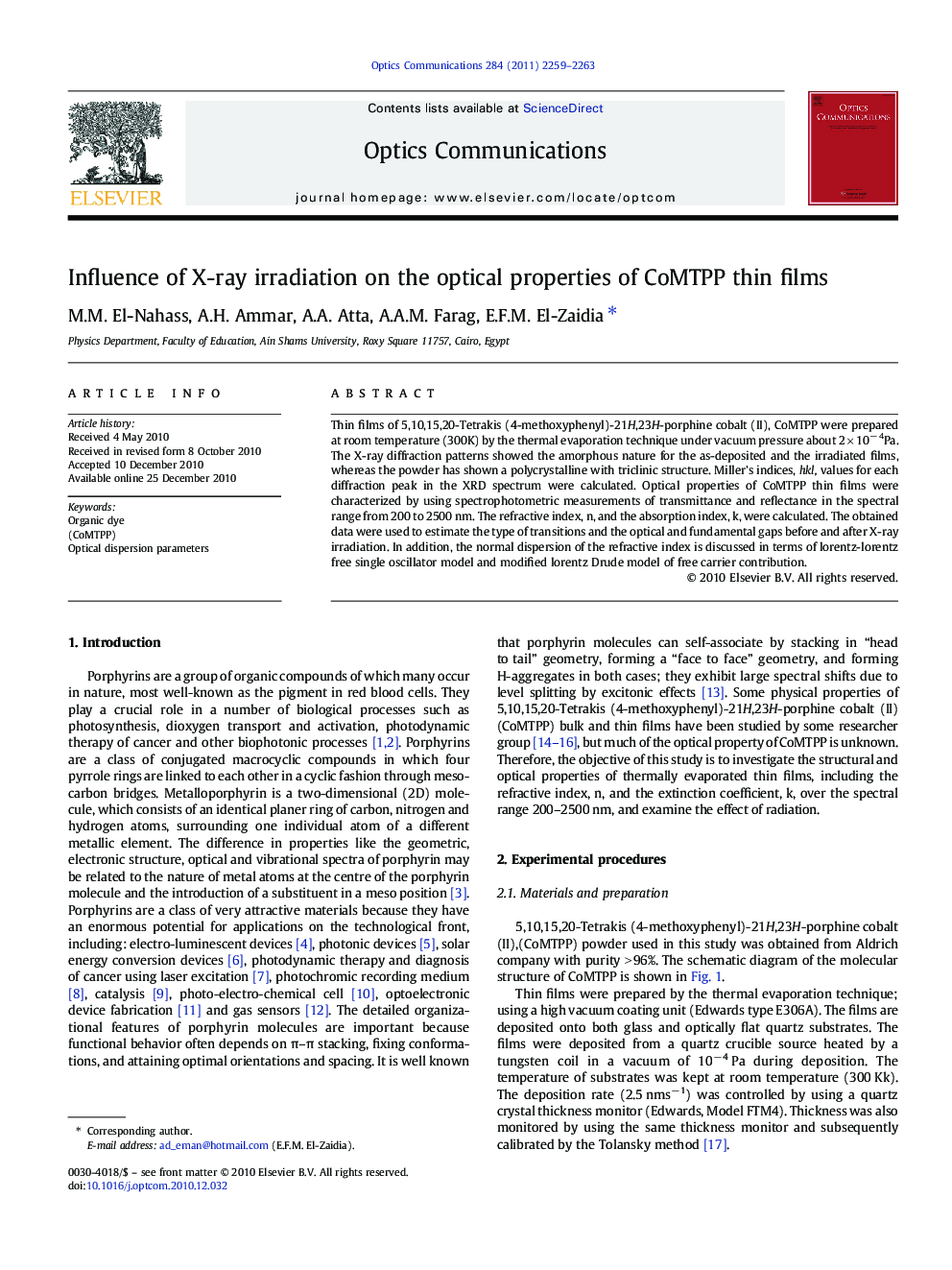 Influence of X-ray irradiation on the optical properties of CoMTPP thin films