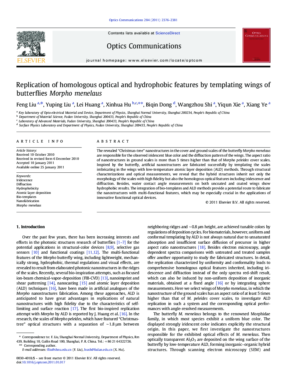 Replication of homologous optical and hydrophobic features by templating wings of butterflies Morpho menelaus