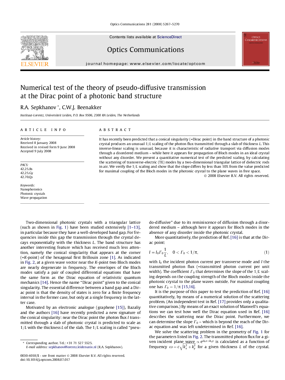 Numerical test of the theory of pseudo-diffusive transmission at the Dirac point of a photonic band structure