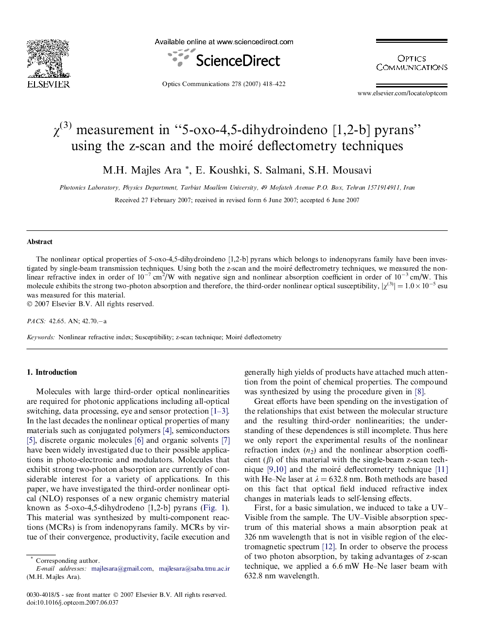 χ(3) measurement in “5-oxo-4,5-dihydroindeno [1,2-b] pyrans” using the z-scan and the moiré deflectometry techniques
