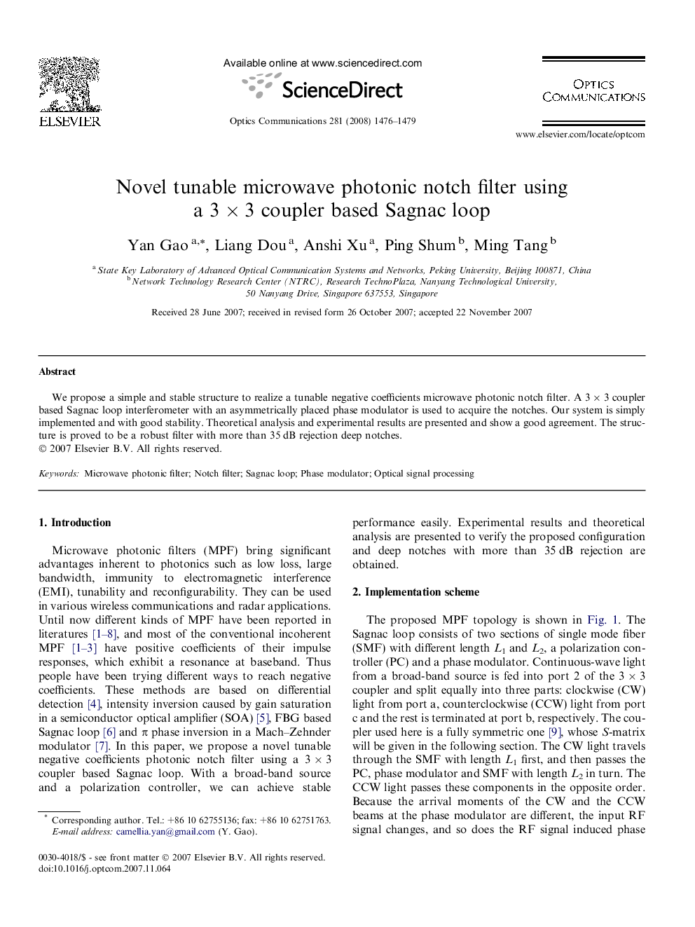 Novel tunable microwave photonic notch filter using a 3Â ÃÂ 3 coupler based Sagnac loop